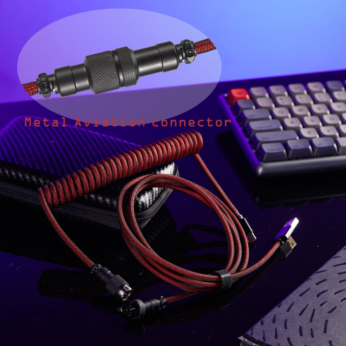 USB-C to USB-A Coiled Cable Double-Sleeved Mechanical Coiled USB C Cable with Detachable Metal Aviator, For Gaming Keyboard,NF-CKC145