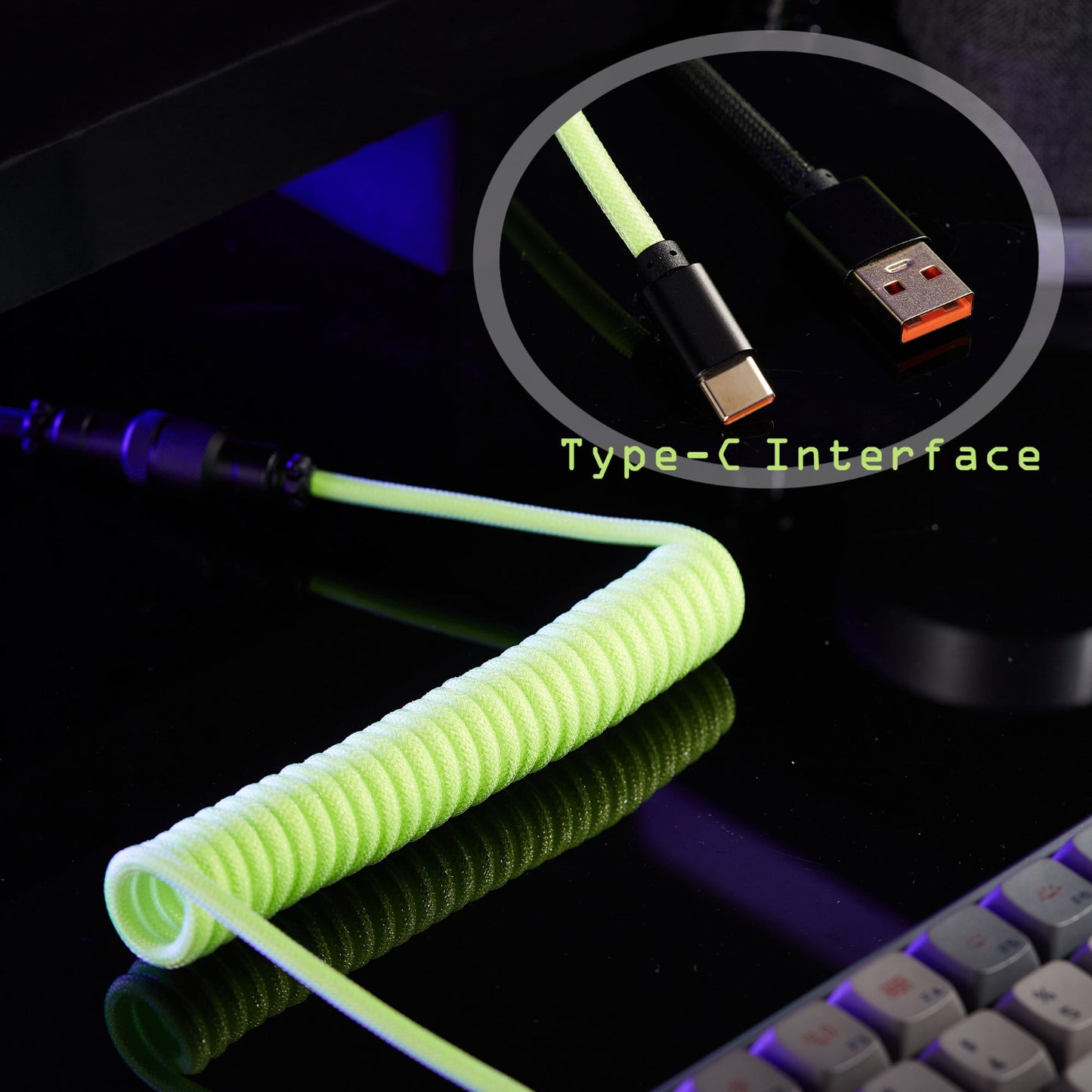 USB-C to USB-A Coiled Cable Double-Sleeved Mechanical Coiled USB C Cable with Detachable Metal Aviator, For Gaming Keyboard,NF-CKC145