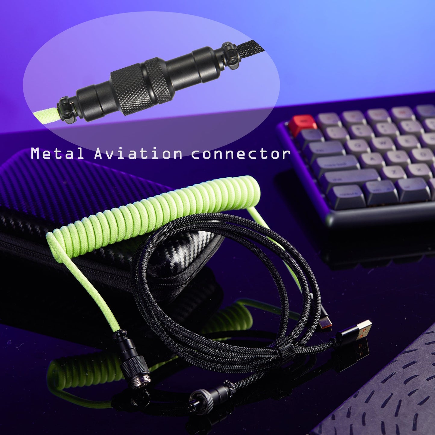 USB-C to USB-A Coiled Cable Double-Sleeved Mechanical Coiled USB C Cable with Detachable Metal Aviator, For Gaming Keyboard,NF-CKC145