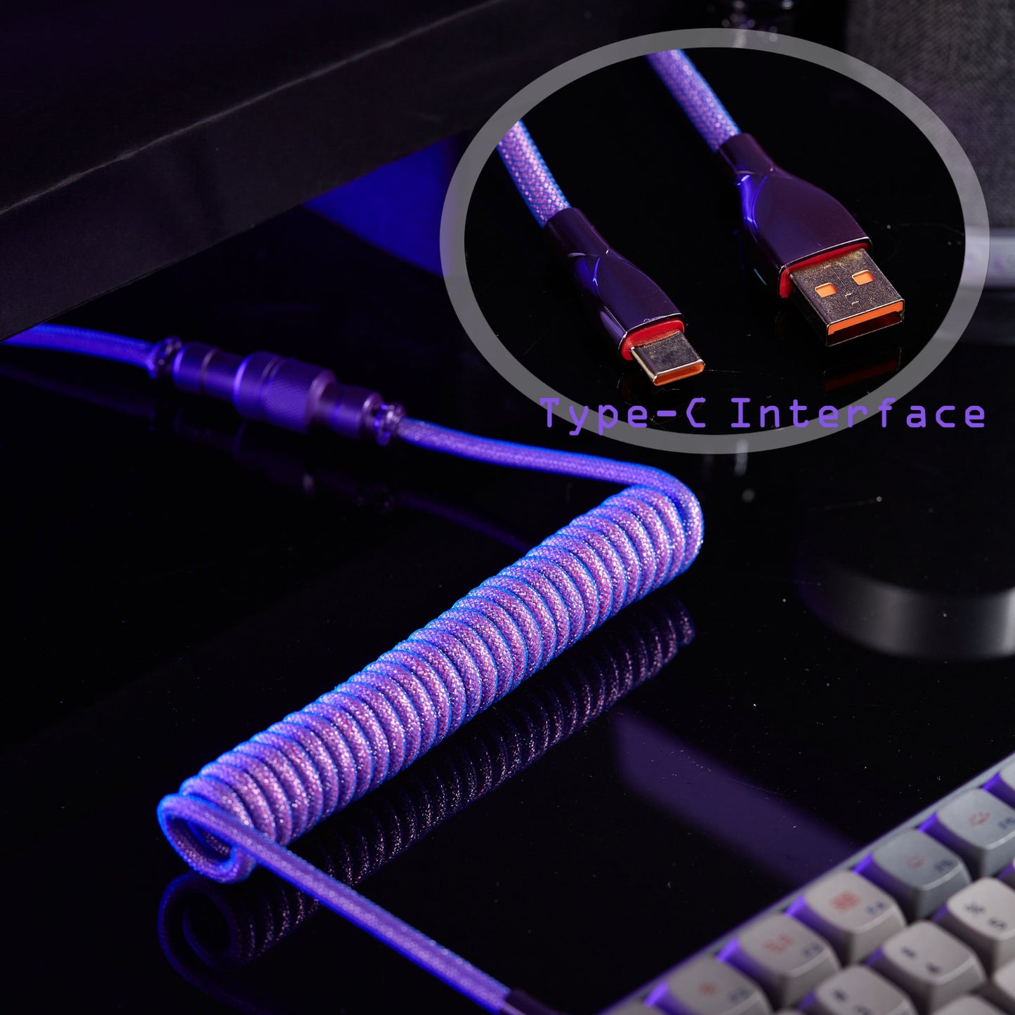 USB-C to USB-A Coiled Cable Double-Sleeved Mechanical Coiled USB C Cable with Detachable Metal Aviator, For Gaming Keyboard,NF-CKC145