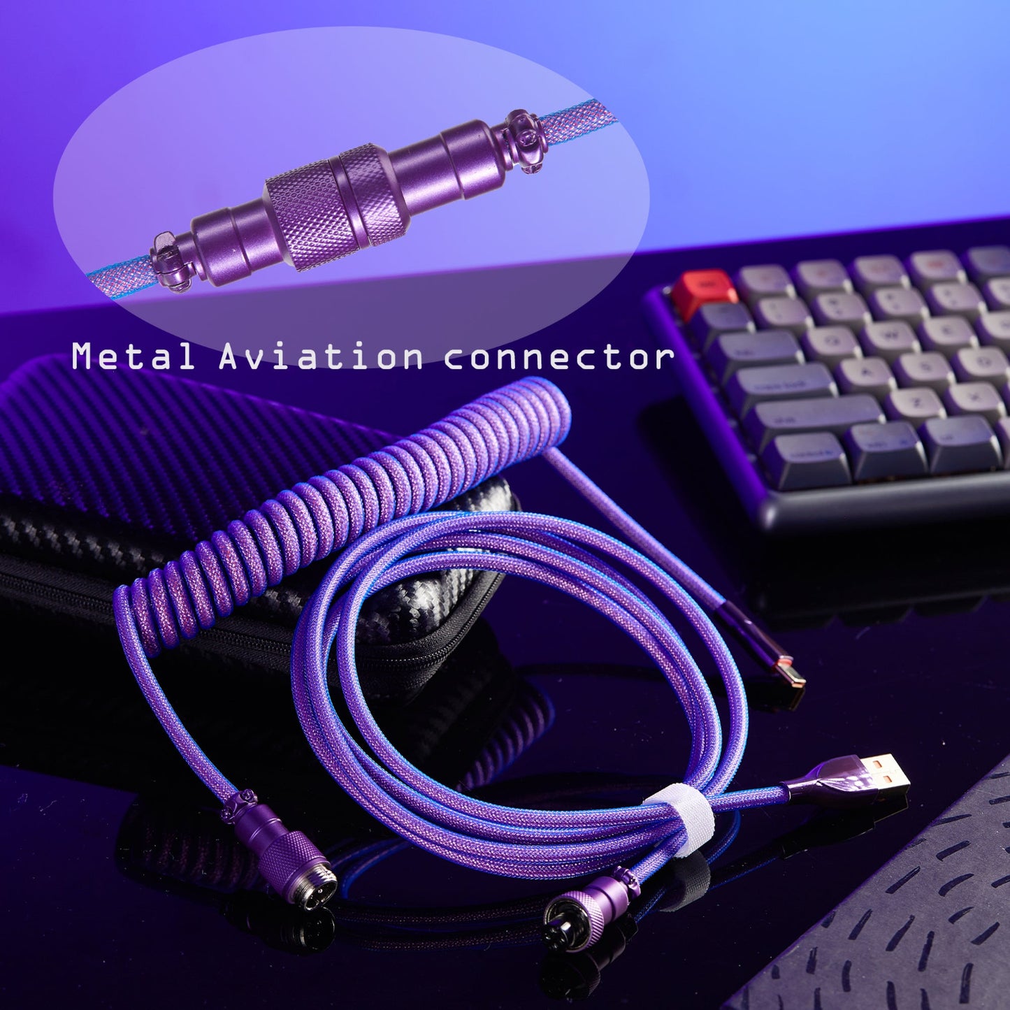 USB-C to USB-A Coiled Cable Double-Sleeved Mechanical Coiled USB C Cable with Detachable Metal Aviator, For Gaming Keyboard,NF-CKC145