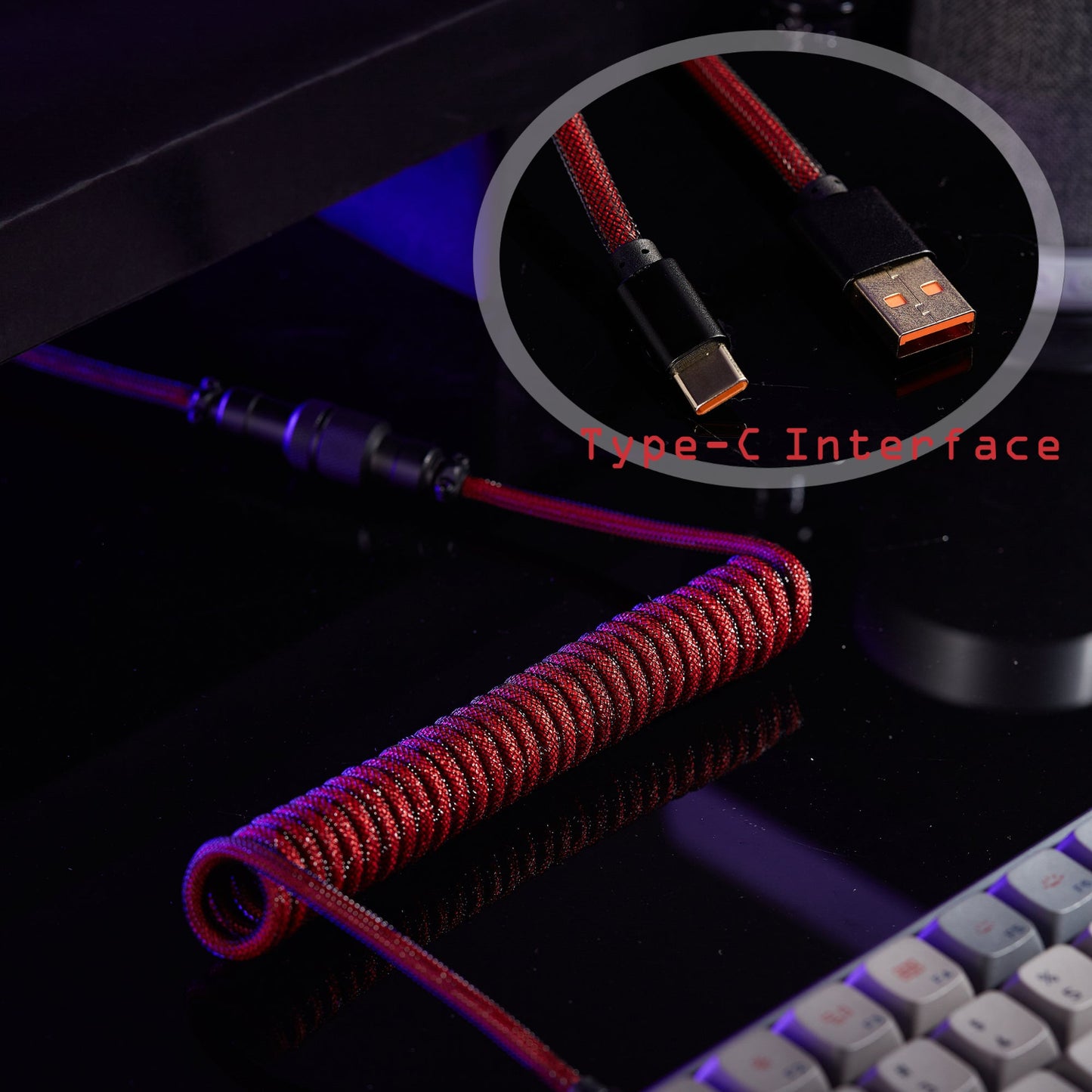 USB-C to USB-A Coiled Cable Double-Sleeved Mechanical Coiled USB C Cable with Detachable Metal Aviator, For Gaming Keyboard,NF-CKC145