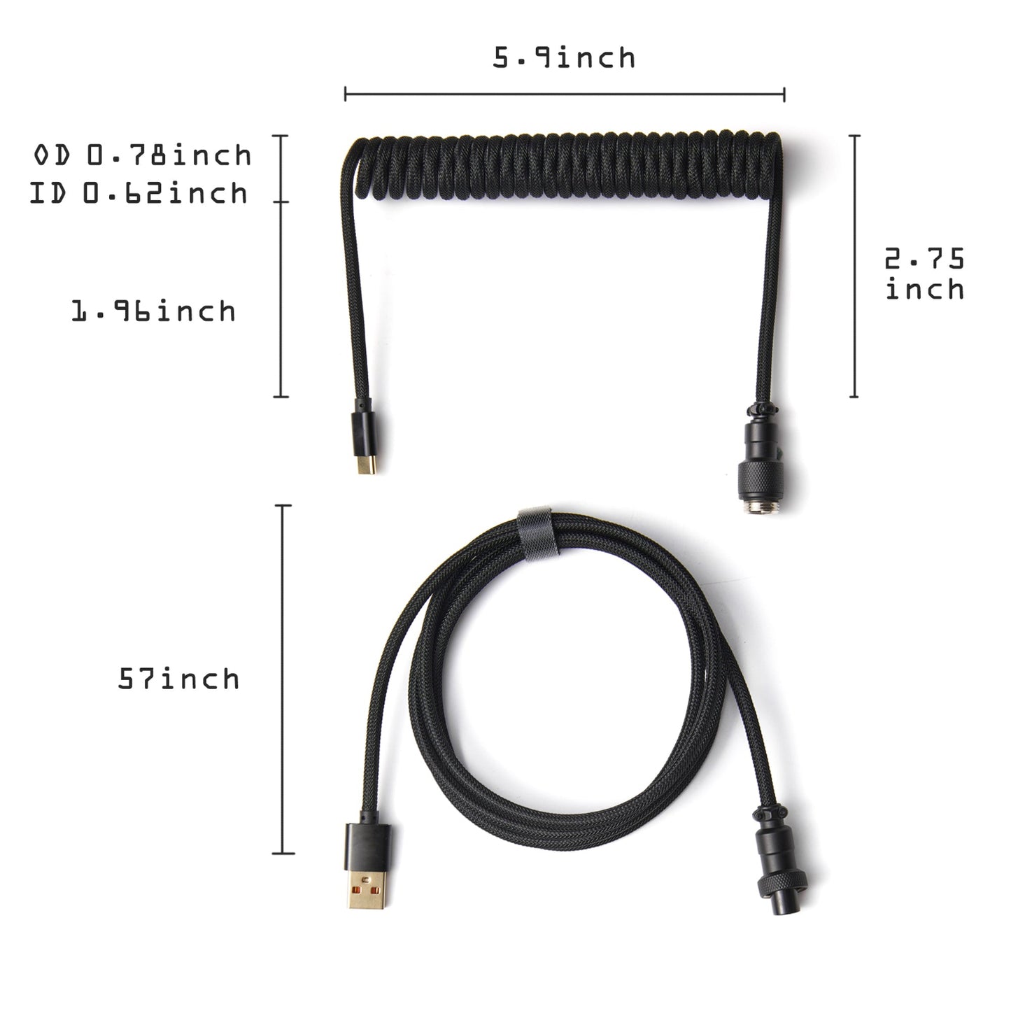USB-C to USB-A Coiled Cable Double-Sleeved Mechanical Coiled USB C Cable with Detachable Metal Aviator, For Gaming Keyboard,NF-CKC145
