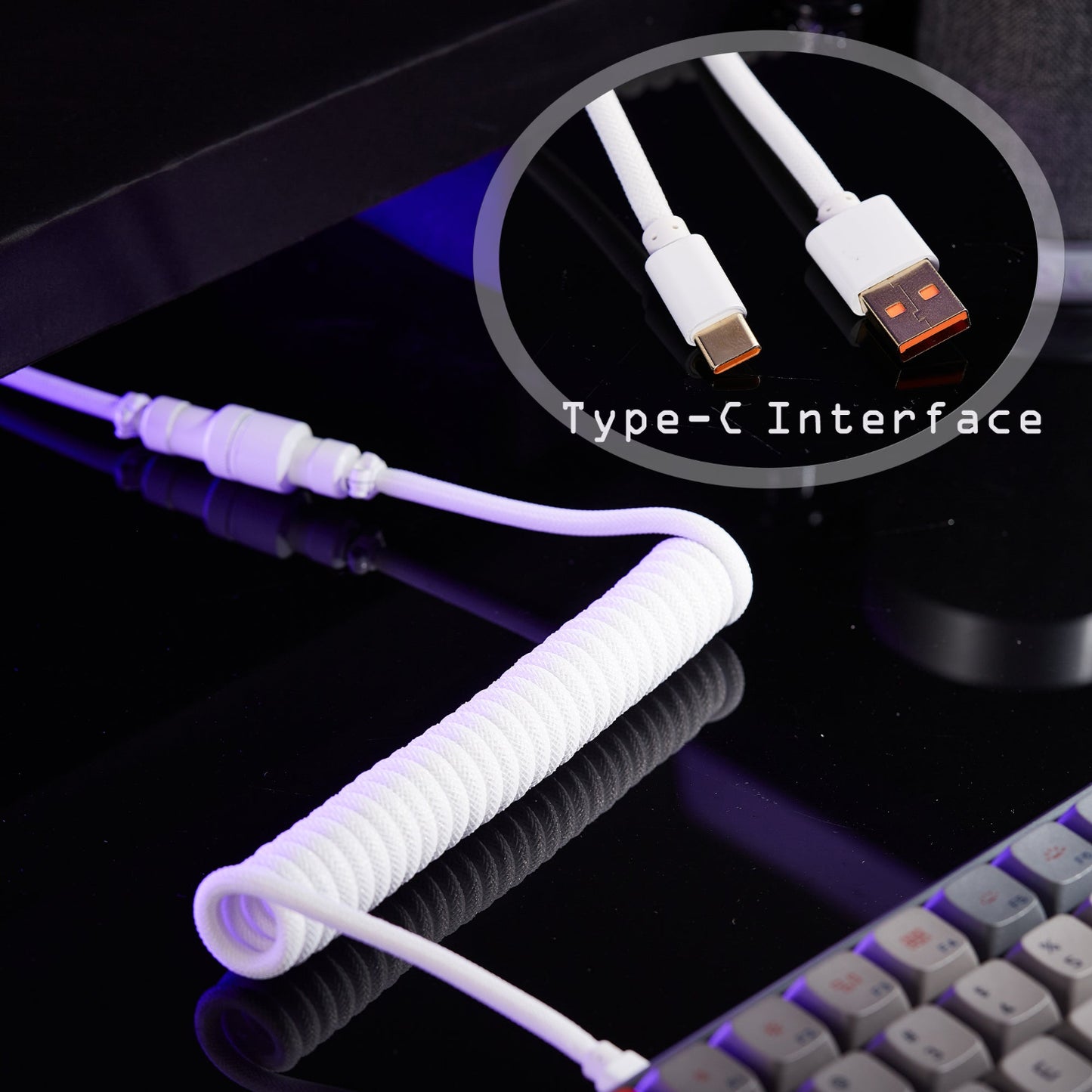 USB-C to USB-A Coiled Cable Double-Sleeved Mechanical Coiled USB C Cable with Detachable Metal Aviator, For Gaming Keyboard,NF-CKC145