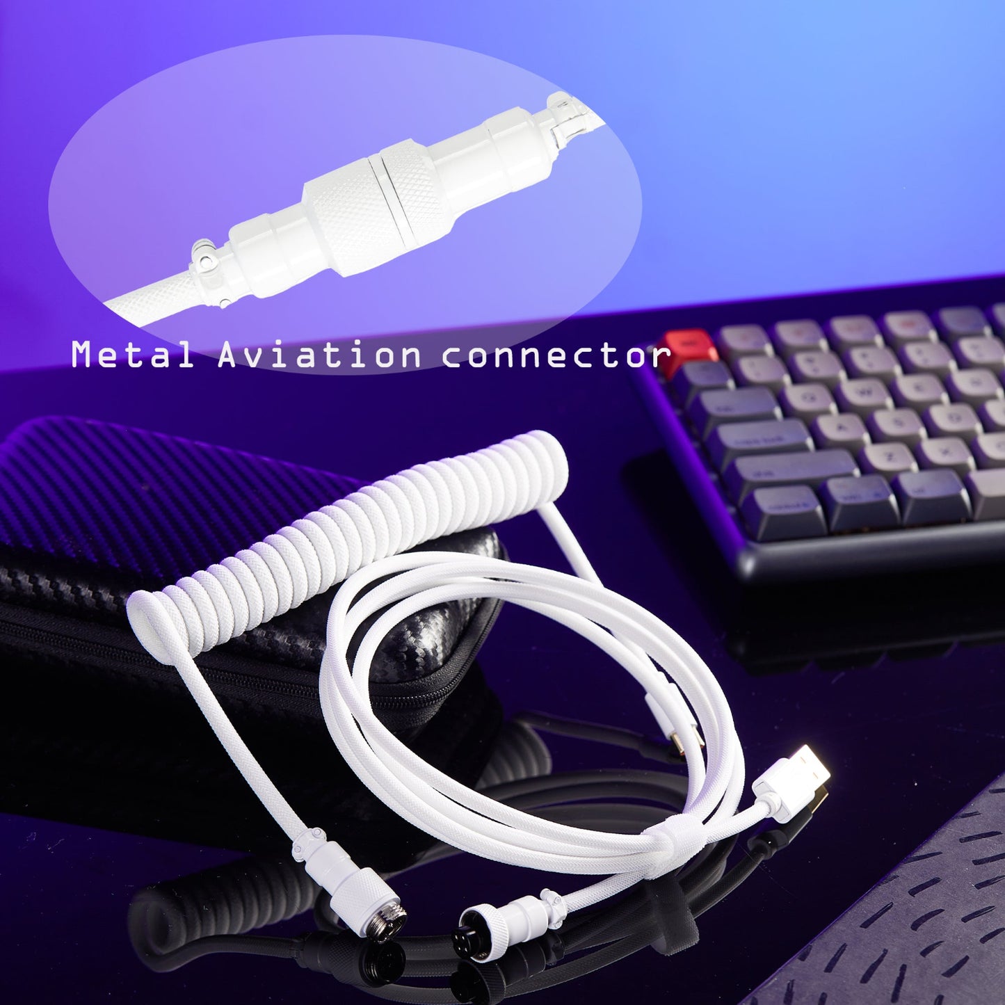 USB-C to USB-A Coiled Cable Double-Sleeved Mechanical Coiled USB C Cable with Detachable Metal Aviator, For Gaming Keyboard,NF-CKC145