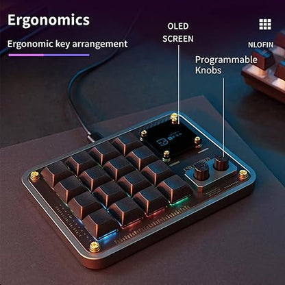 NLOFIN 16-Key Macro Pad with Knob & OLED Display, VIAL Programmable Mechanical Keyboard for Designers/Video Editing Shortcuts, Type-C, Custom Configuration,NLKB-CS16-01