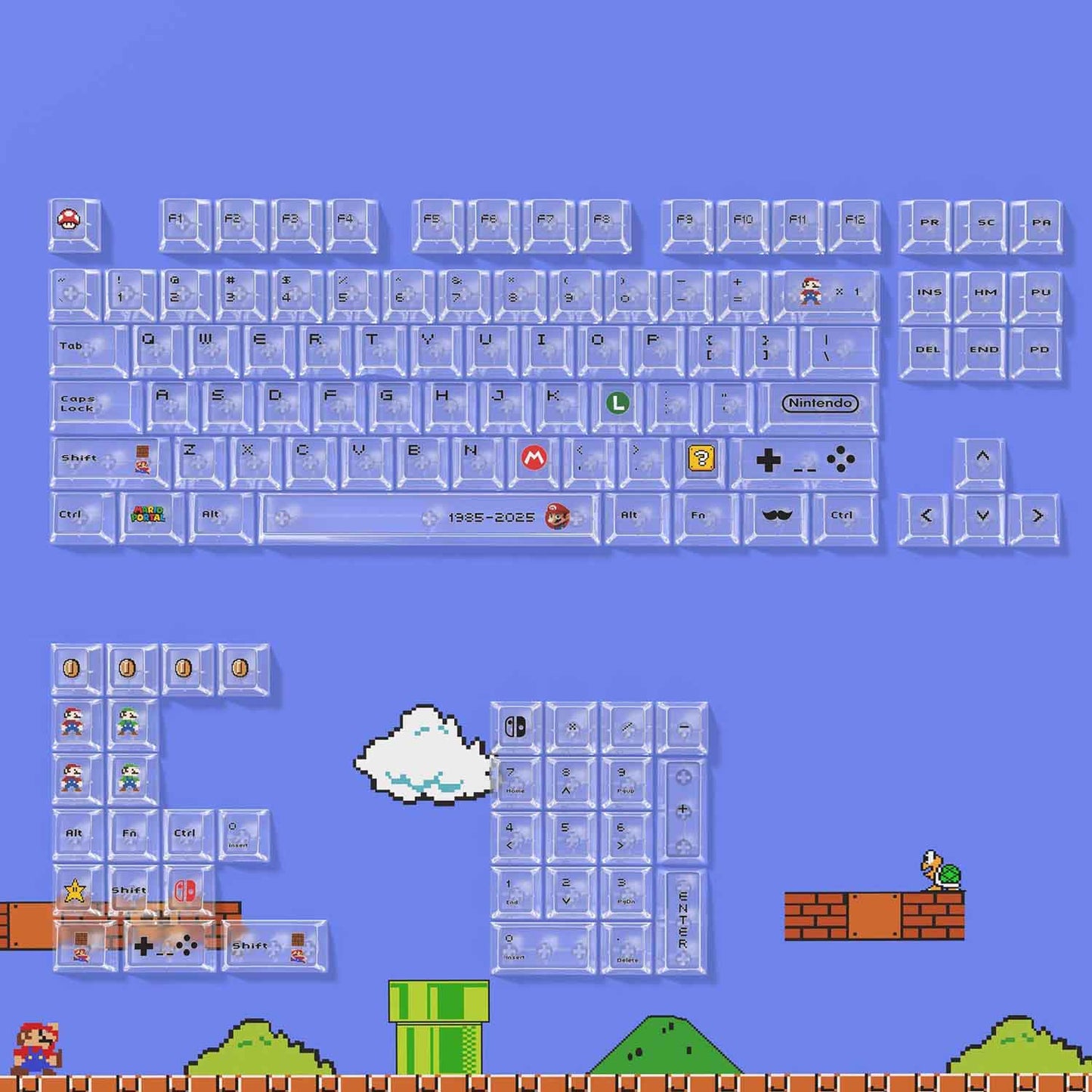 Super Mario Transparent Custom Keycaps Set, Full Size Mechanical Keyboard Keycaps for ROG Night Devil / Majestouch Wooting